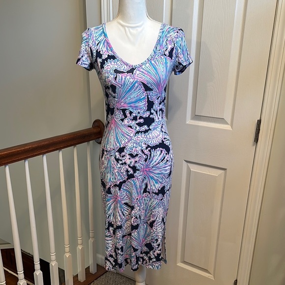 LILLY PULITZER Malin Midi V-Neck Dress SHELLS BELLS Deep Sea Navy Women’s XS - Picture 5 of 14